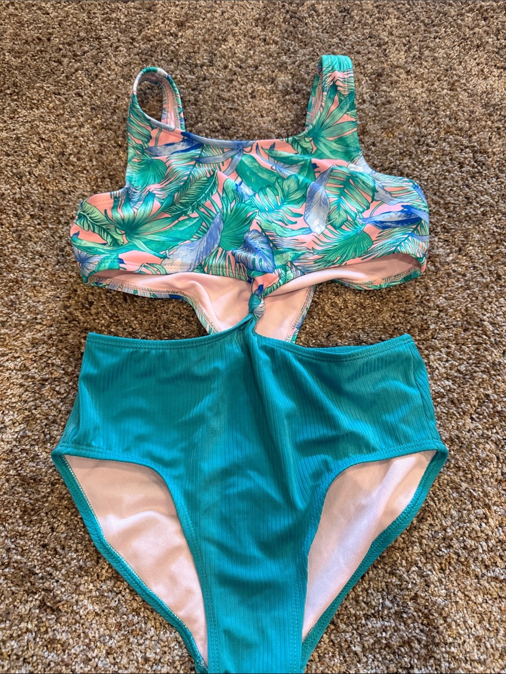 art class Teal and Pink Tropical Leaf One-Piece Swimsuit